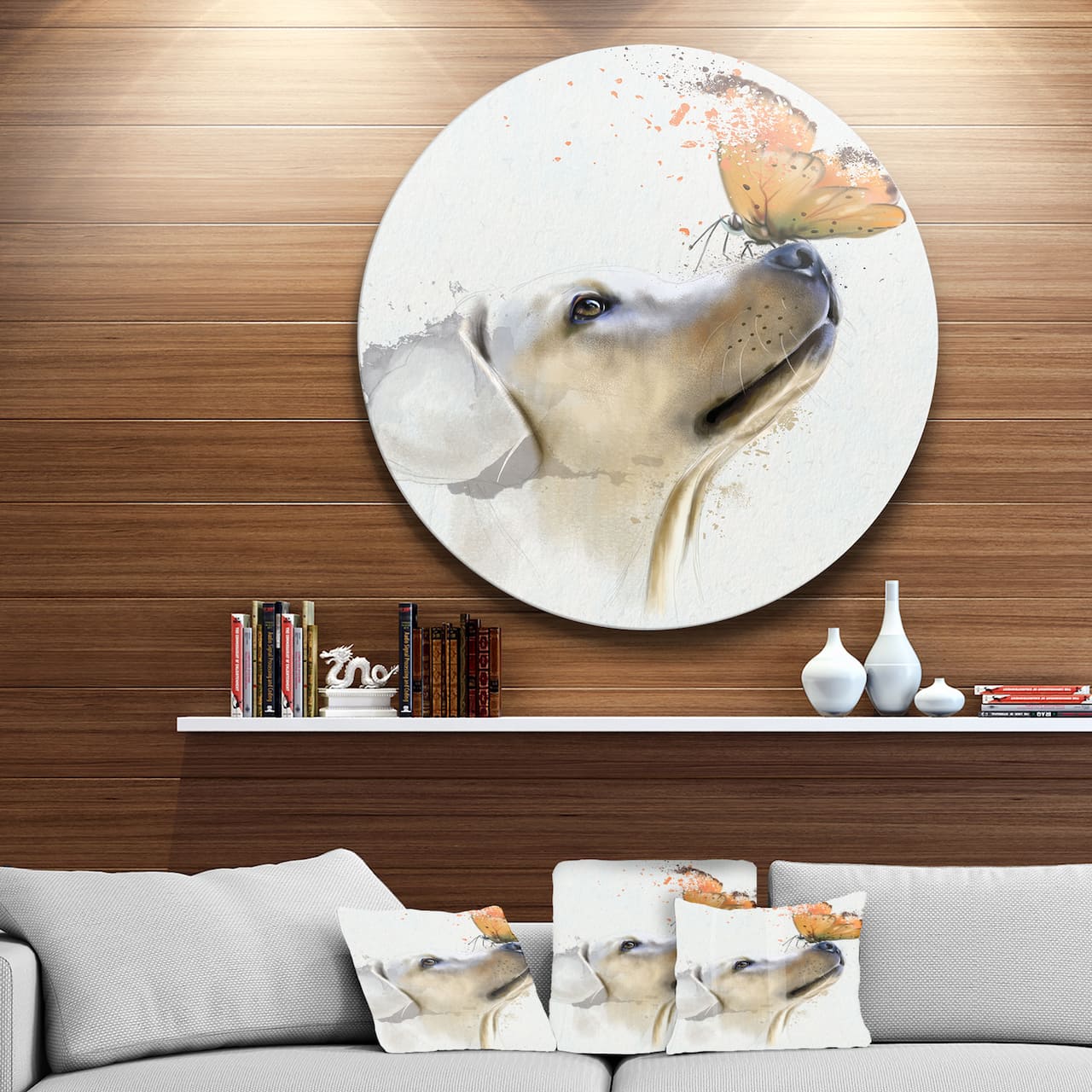 Designart - Golden Retriever Dog with Butterfly' Disc Animal Metal Circle Wall Art